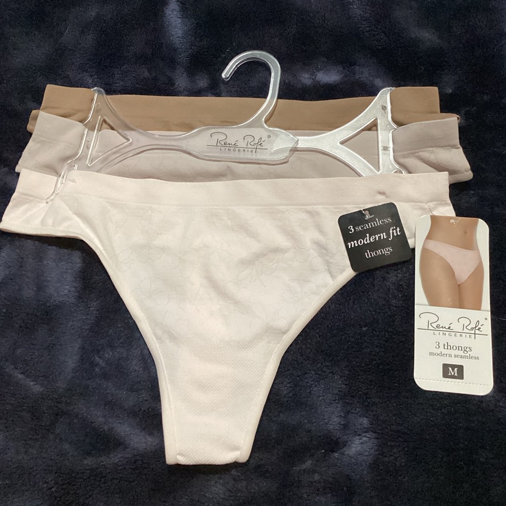 Rene Rofe women’s thongs, modern seamless, 3 pr. brown, taupe & lt. pink, Medium